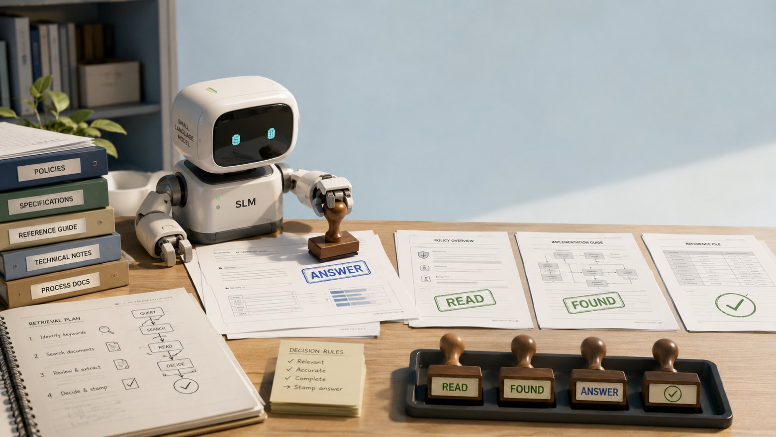 A small robot labelled
        SMALL LANGUAGE MODEL at a desk, working through binders marked POLICIES,
        SPECIFICATIONS, REFERENCE GUIDE, TECHNICAL NOTES and PROCESS DOCS, and
        stamping documents READ, FOUND and ANSWER against a written retrieval
        plan and a short list of decision rules.